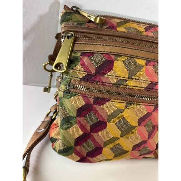 FOSSIL Diamond Tapestry Zip Crossbody Shoulder Bag Geo Hippie Boho Festival - Picture 3 of 14